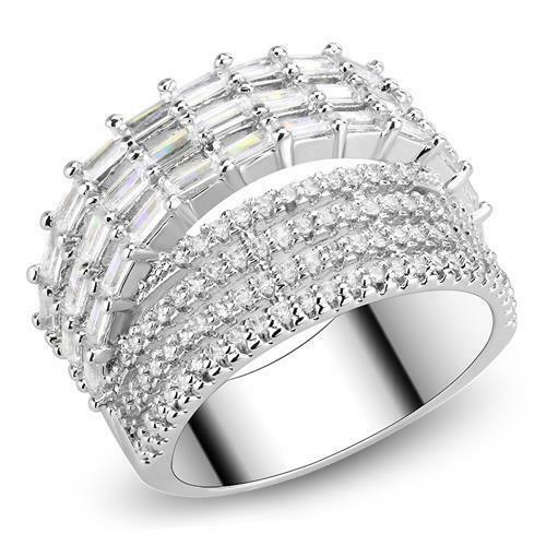 Jewellery Kingdom Emerald Cut Round Pave Silver Rhodium Split Sparkling Ladies Cubic Zirconia Ring Band - Jewelry Rings - British D'sire Main image