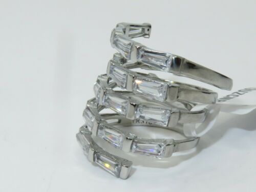 Jewellery Kingdom Emerald Cut Simulated Diamonds Stainless Steel Wide Ladies Silver Band Ring - Rings - British D'sire