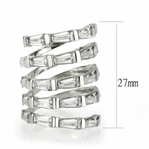 Jewellery Kingdom Emerald Cut Simulated Diamonds Stainless Steel Wide Ladies Silver Band Ring - Rings - British D'sire