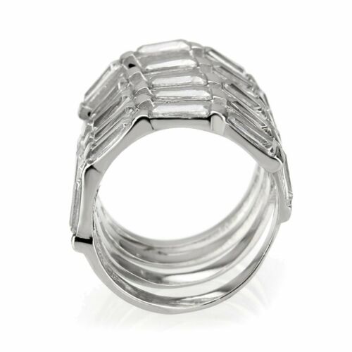 Jewellery Kingdom Emerald Cut Simulated Diamonds Stainless Steel Wide Ladies Silver Band Ring - Rings - British D'sire
