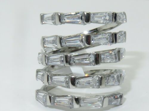 Jewellery Kingdom Emerald Cut Simulated Diamonds Stainless Steel Wide Ladies Silver Band Ring - Rings - British D'sire