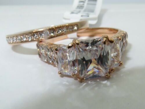 Jewellery Kingdom Emerald Cut Steel 4carat 2pcs Wedding Engagement Set Ladies Ring (Rose Gold) - Engagement Rings - British D'sire Main image