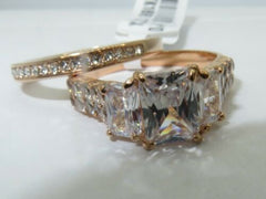 Jewellery Kingdom Emerald Cut Steel 4carat 2pcs Wedding Engagement Set Ladies Ring (Rose Gold) - Engagement Rings - British D'sire