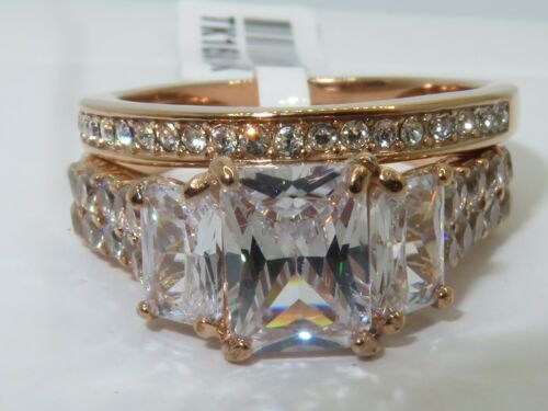 Jewellery Kingdom Emerald Cut Steel 4carat 2pcs Wedding Engagement Set Ladies Ring (Rose Gold) - Engagement Rings - British D'sire