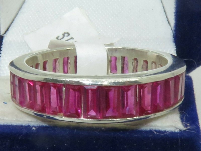 Jewellery Kingdom Emerald Cut Sterling Silver 5mm Cubic Zirconia Full Eternity Ladies Pink Band Ring - Jewelry Rings - British D'sire Main image