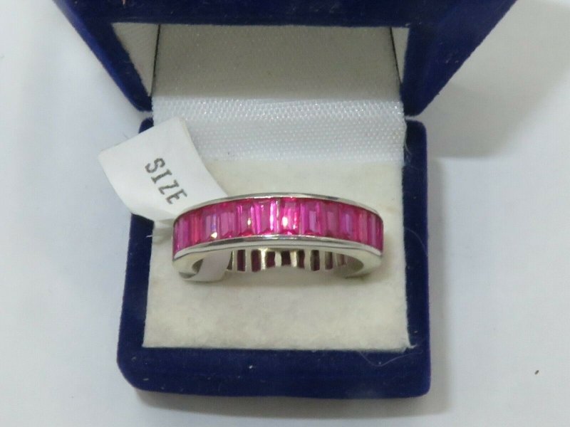 Jewellery Kingdom Emerald Cut Sterling Silver 5mm Cubic Zirconia Full Eternity Ladies Pink Band Ring - Jewelry Rings - British D'sire