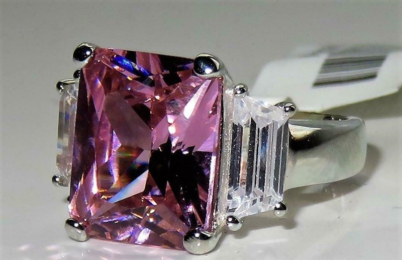 Jewellery Kingdom Emerald Cut Sterling Silver CZ 3 Stone Ladies Pink Ring - Jewelry Rings - British D'sire