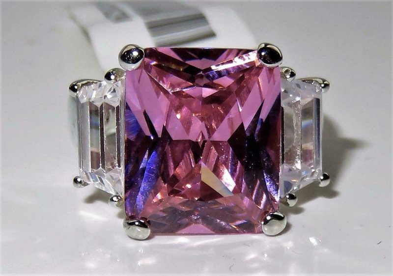 Jewellery Kingdom Emerald Cut Sterling Silver CZ 3 Stone Ladies Pink Ring - Jewelry Rings - British D'sire