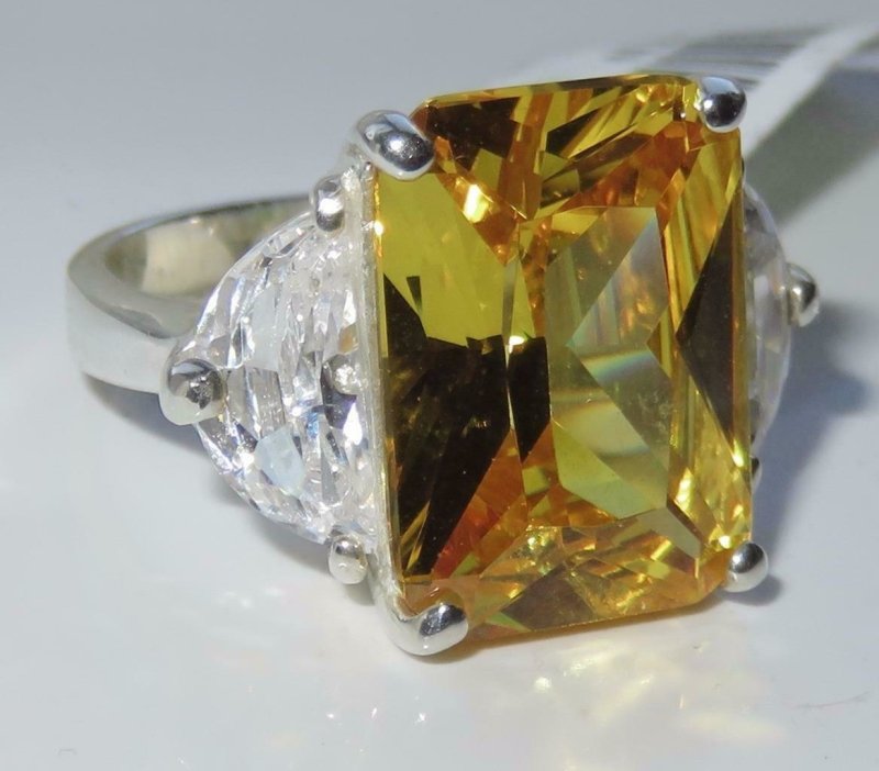 Jewellery Kingdom Emerald Cut Sterling Silver Three Stone CZ 14 CT Ladies Citrine Ring - Jewelry Rings - British D'sire Main image