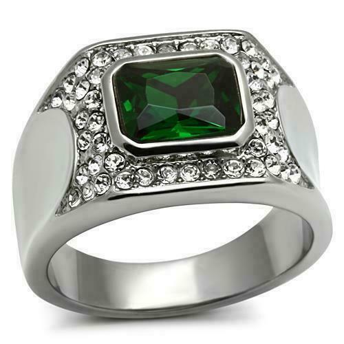 Jewellery Kingdom Emerald Green Pinky Signet Cubic Zirconia Steel Mens Silver Ring - Jewelry Rings - British D'sire
