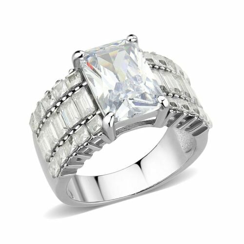 Jewellery Kingdom Emerald Princess Cut Stainless Steel Channel Cocktail Ladies Cubic Zirconia Ring (Silver) - Jewelry Rings - British D'sire