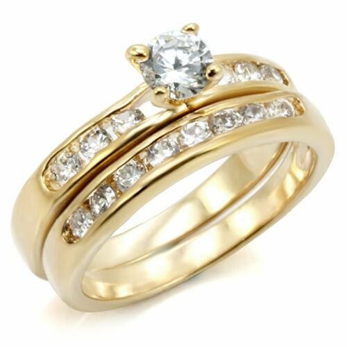 Jewellery Kingdom Engagement Band Sterling Silver 18kt Simulated Diamonds Ring Set (Gold) - Jewelry Rings - British D'sire Main image