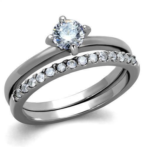 Jewellery Kingdom Engagement Ladies Cz 1 Carat Stainless Steel Wedding Band Ring Set (Silver) - Jewelry Rings - British D'sire Main image