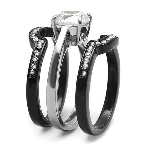 Jewellery Kingdom Engagement Set Solitaire Cz Silver Black Wedding Bands Stainless Steel Ring Secondary image