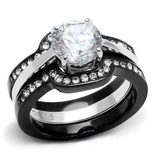 Jewellery Kingdom Engagement Set Solitaire Cz Silver Black Wedding Bands Stainless Steel Ring - Jewelry Rings - British D'sire Main image