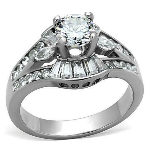 Jewellery Kingdom Engagement Solitaire Baguettes Cubic Zirconia Steel Ring (Silver) - Rings - British D'sire