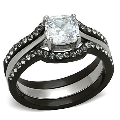Jewellery Kingdom Engagement Wedding Band Cz Cushion Cut Stainless Steel 3pcs Ring Set (Black) - Jewelry Rings - British D'sire Main image