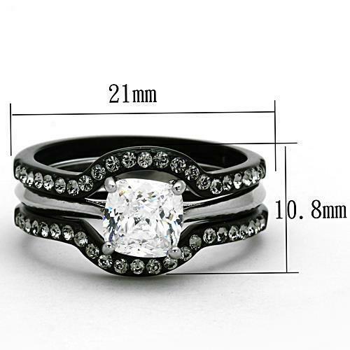 Jewellery Kingdom Engagement Wedding Band Cz Cushion Cut Stainless Steel 3pcs Ring Set (Black) Secondary image