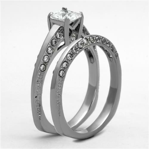 Jewellery Kingdom Engagement Wedding Band Princess Cut Square Stainless Steel 1 Carat Ring Set (Silver) - Jewelry Rings - British D'sire