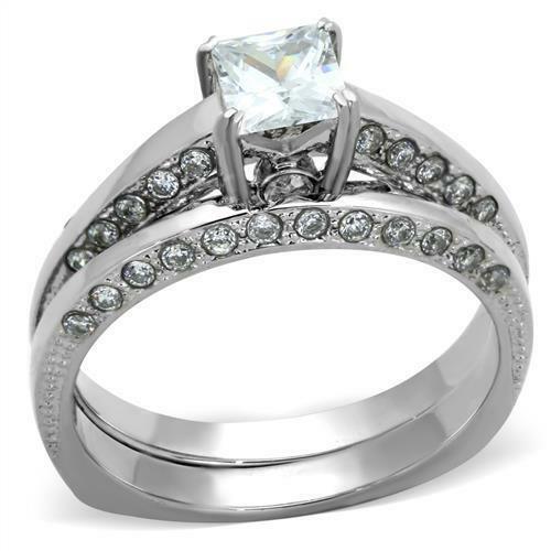 Jewellery Kingdom Engagement Wedding Band Princess Cut Square Stainless Steel 1 Carat Ring Set (Silver) - Jewelry Rings - British D'sire Main image