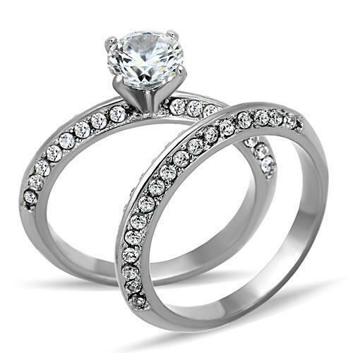 Jewellery Kingdom Engagement Wedding Band Round Cut 1 Carat Stainless Steel Ring Set (Silver) - Jewelry Rings - British D'sire Main image