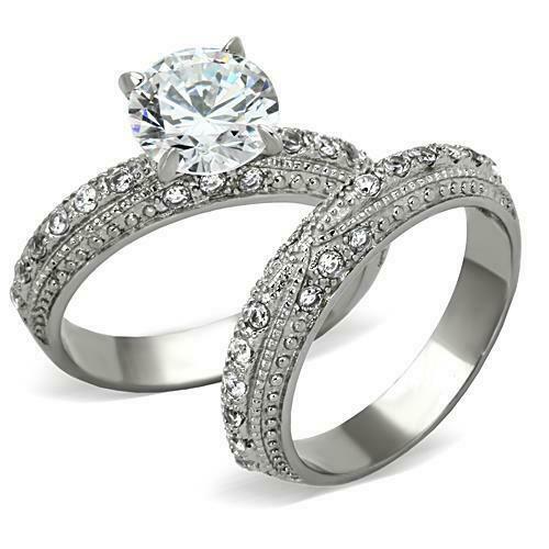 Jewellery Kingdom Engagement Wedding Band Simulated Diamonds Stainless Steel Silver Ring Set - Engagement Rings - British D'sire Main image