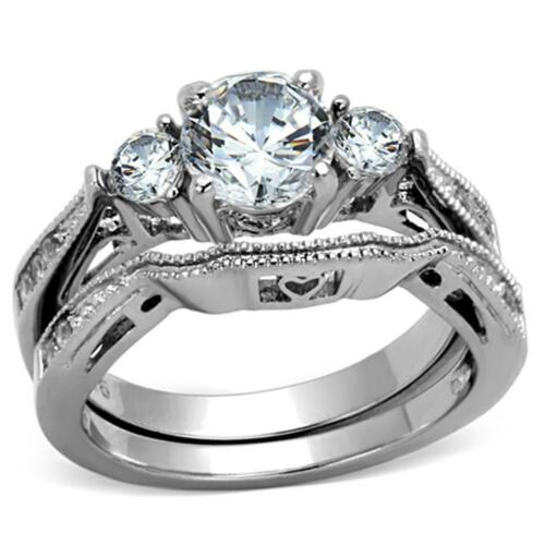 Jewellery Kingdom Engagement Wedding Band Simulated Diamonds Three Stone Ring Set (Silver) - Jewelry Rings - British D'sire Main image