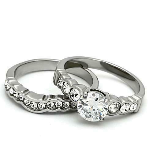 Jewellery Kingdom Engagement Wedding Band Stainless Steel Cubic Zirconia 2.3 Carat 7mm Ring Set (Silver) - Jewelry Rings - British D'sire Main image