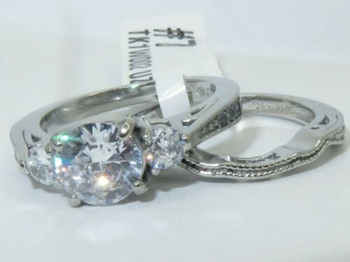 Jewellery Kingdom Engagement Wedding Band Three Stone Cubic Zirconia Ladies Ring Set - Engagement Rings - British D'sire