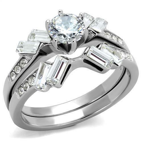 Jewellery Kingdom Engagement Wedding Cz 3ct Emerald Cut Stainless Steel Ring Set (Silver) - Jewelry Rings - British D'sire Main image
