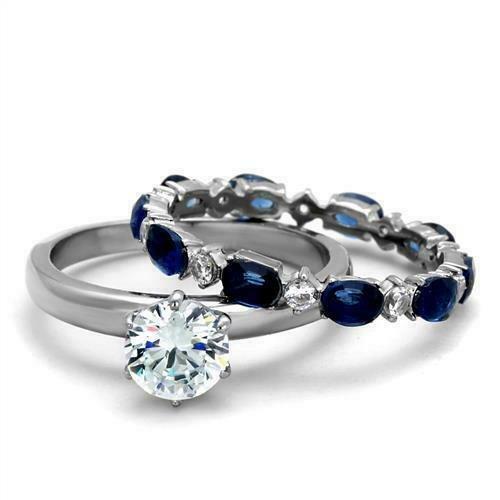 Jewellery Kingdom Engagement & Wedding Set Solitaire Sapphire Band Cubic Zirconia Ring (Silver) - Engagement Rings - British D'sire Main image