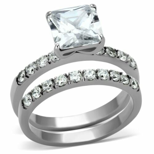 Jewellery Kingdom Engagement Wedding Silver Princess Simulated Diamonds 3.3 Carat 8.8mm Ring Set (Silver) - Jewelry Rings - British D'sire Main image