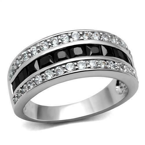 Jewellery Kingdom Eternity Square Cubic Zirconia Jet Stainless Steel Ladies Band Ring (Silver &Black) - Jewelry Rings - British D'sire