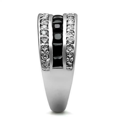 Jewellery Kingdom Eternity Square Cubic Zirconia Jet Stainless Steel Ladies Band Ring (Silver &Black) - Jewelry Rings - British D'sire