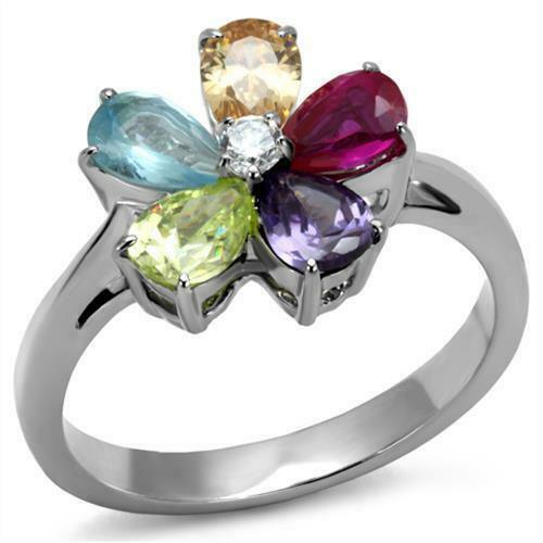 Jewellery Kingdom Flower Multi Coloured Simulated Diamonds Dress Silver Pear Ring - Rings - British D'sire Main image