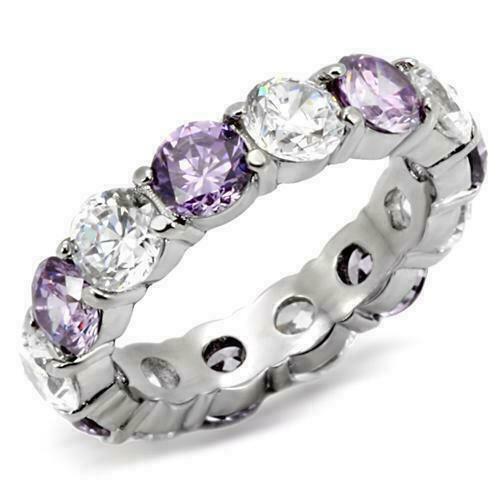 Jewellery Kingdom Full Amethyst Eternity Band Simulated Diamonds Stainless Steel 4mm Ring (Silver) - Jewelry Rings - British D'sire Main image