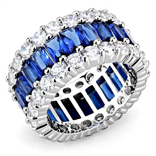 Jewellery Kingdom Full Eternity Blue Emerald Cut Silver Rhodim Ladies Sapphire Band Ring - Jewelry Rings - British D'sire Main image