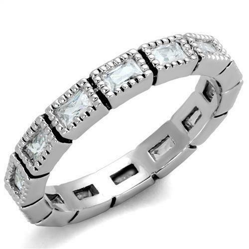 Jewellery Kingdom Full Eternity Wedding Band Emerald Cut Rhodium Stacking Ring (Silver) - Jewelry Rings - British D'sire Main image