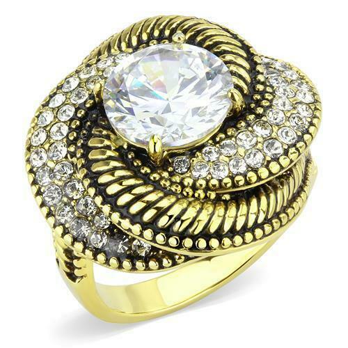 Jewellery Kingdom Gold Cocktail Solitare Accent Cz Ladies Swirl Statement Steel Ring - Jewelry Rings - British D'sire