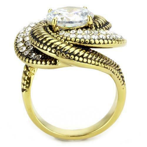 Jewellery Kingdom Gold Cocktail Solitare Accent Cz Ladies Swirl Statement Steel Ring - Jewelry Rings - British D'sire