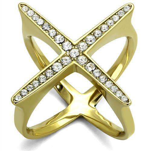 Jewellery Kingdom Gold Ladies Band Princess Cut Cubic Zirconia Cocktail Glamorous Steel Ring - Jewelry Rings - British D'sire Main image