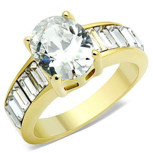 Jewellery Kingdom Gold Oval Ladies Cz Baguettes Engagement 18kt 3 Carat Steel Clear Ring - Jewelry Rings - British D'sire Main image