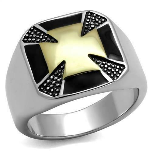 Jewellery Kingdom Gold Pinky Signet Black Epoxy Silver Stainless Steel Mens Cross Ring - Jewelry Rings - British D'sire Main image