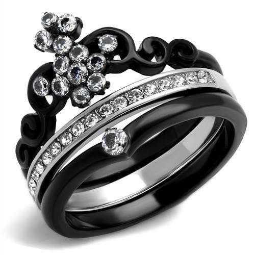 Jewellery Kingdom Gothic Silver CZ Tiera Guard Stainless Steel Ladies Black Cross Ring Set - Jewelry Rings - British D'sire Main image