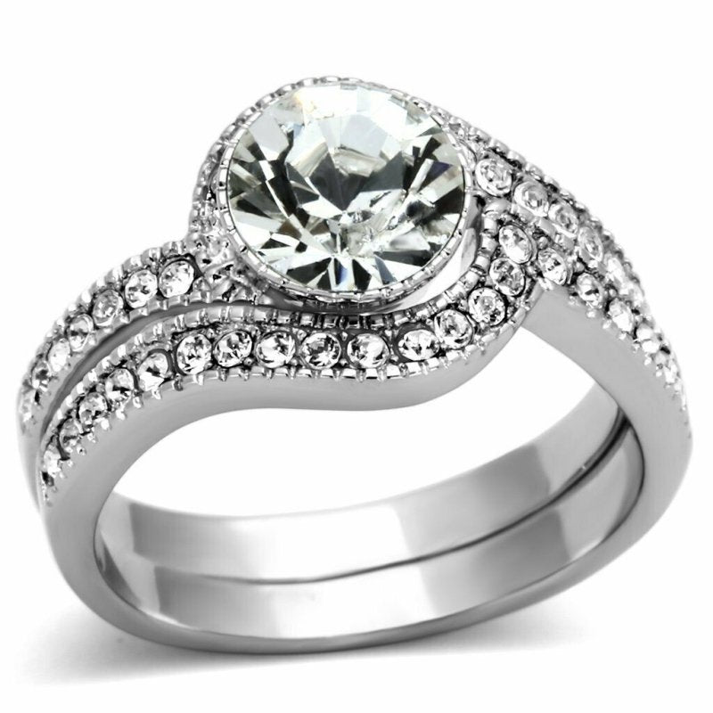 Jewellery Kingdom Halo Cubic Zirconia Engagement Wedding Stainless Steel Silver Ring Set - Jewelry Rings - British D'sire