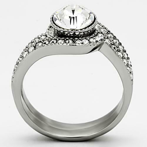 Jewellery Kingdom Halo Cubic Zirconia Engagement Wedding Stainless Steel Silver Ring Set - Jewelry Rings - British D'sire Main image