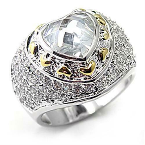 Jewellery Kingdom Heart Bezel Gold Dome Silver Rhodium Statement Ladies Cubic Zirconia Ring - Jewelry Rings - British D'sire Main image