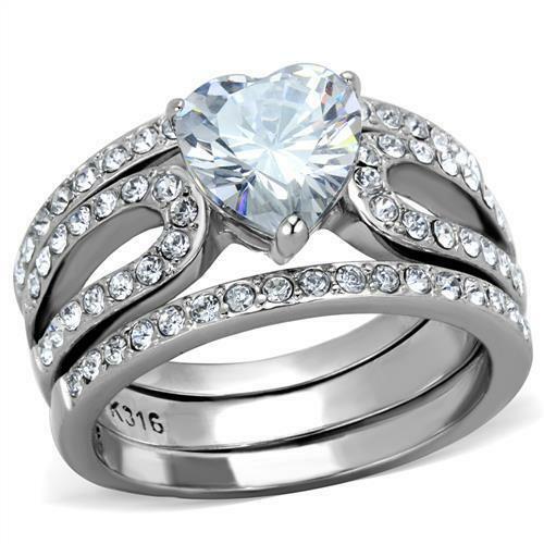 Jewellery Kingdom Heart Cubic Zirconia 3pcs Stainless Steel Wedding Engagement Ladies Ring Set - Rings - British D'sire Main image