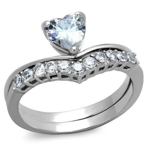 Jewellery Kingdom Heart Engagement Wedding Band Wishbone Stainless Steel Cz Ring Set - Jewelry Rings - British D'sire Main image