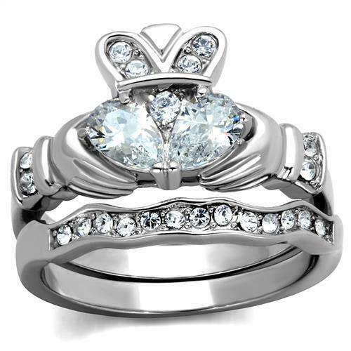 Jewellery Kingdom Irish claddagh Cubic Zirconia Ladies Engagement Band Ring Set (Silver) - Engagement Rings - British D'sire